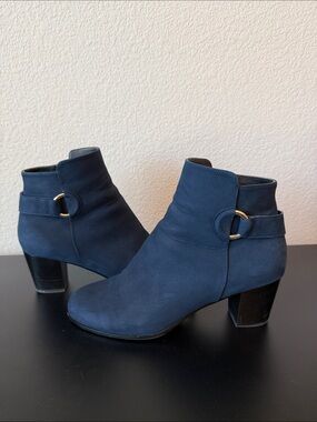 Cole Haan Navy Suede Ankle Booties with Gold Ring Accent